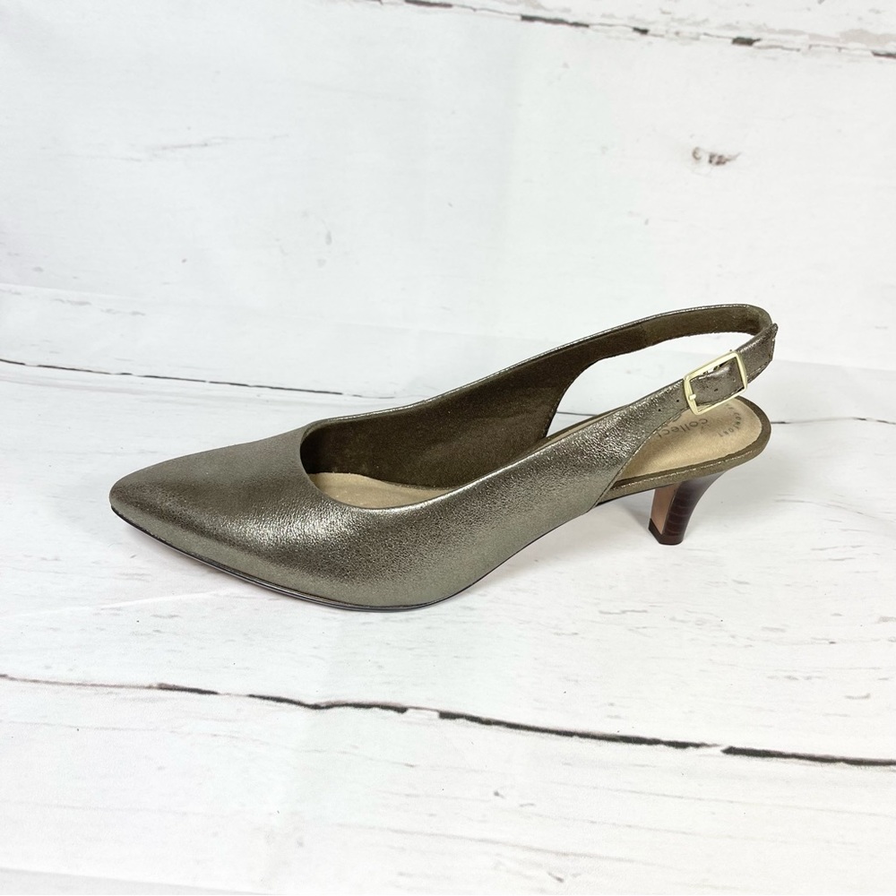 Clarks Pumps Women’s Size 11 M Slingback‎ Kitten Heels Pointed Toe Metallic